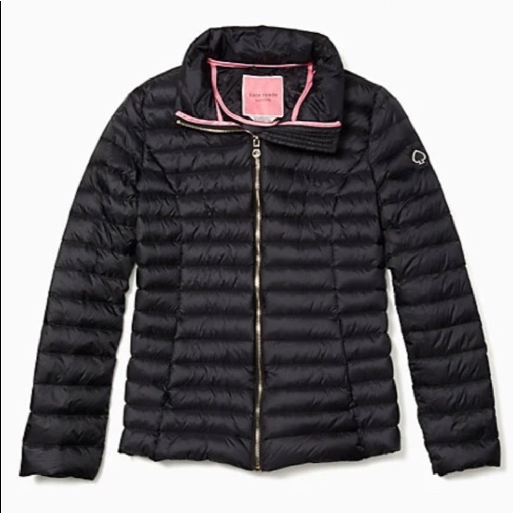 Kate Spade BLACK MEDIUM Packable Down Hooded Jacket NWT + FREE Orange Cardholder